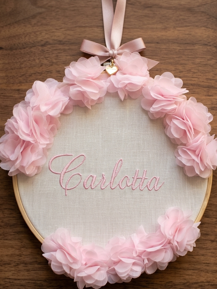 Telaio in legno con fiori e ricamo nome