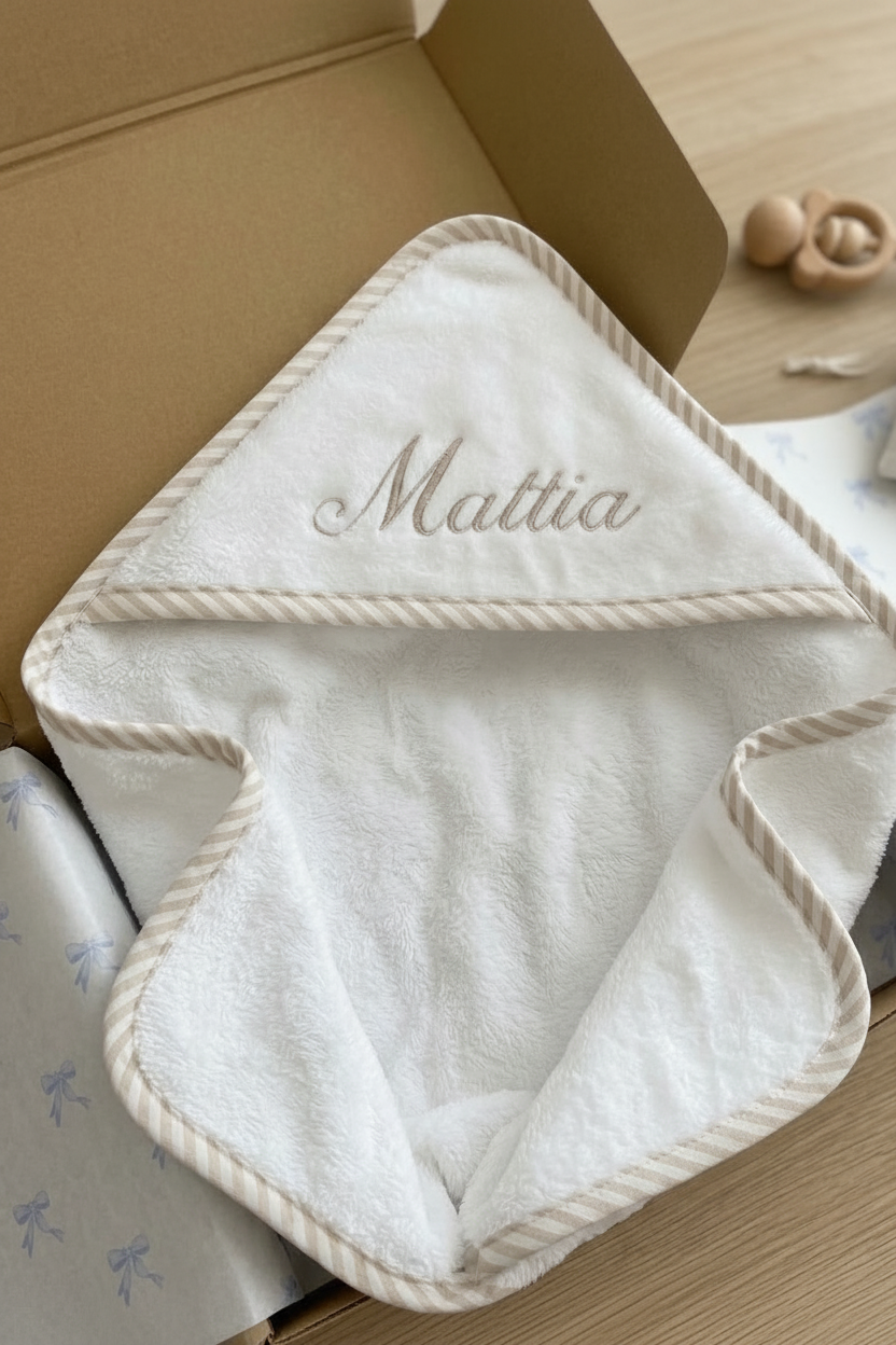 Accappatoio in spugna rifinito con rigo beige