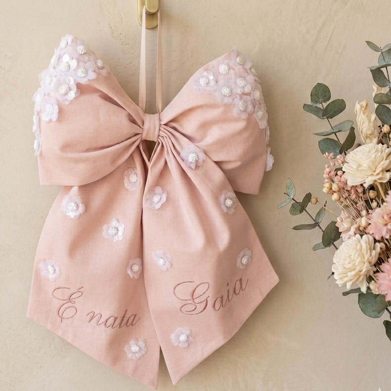 Fiocco cotone rosa con rose in 3d 