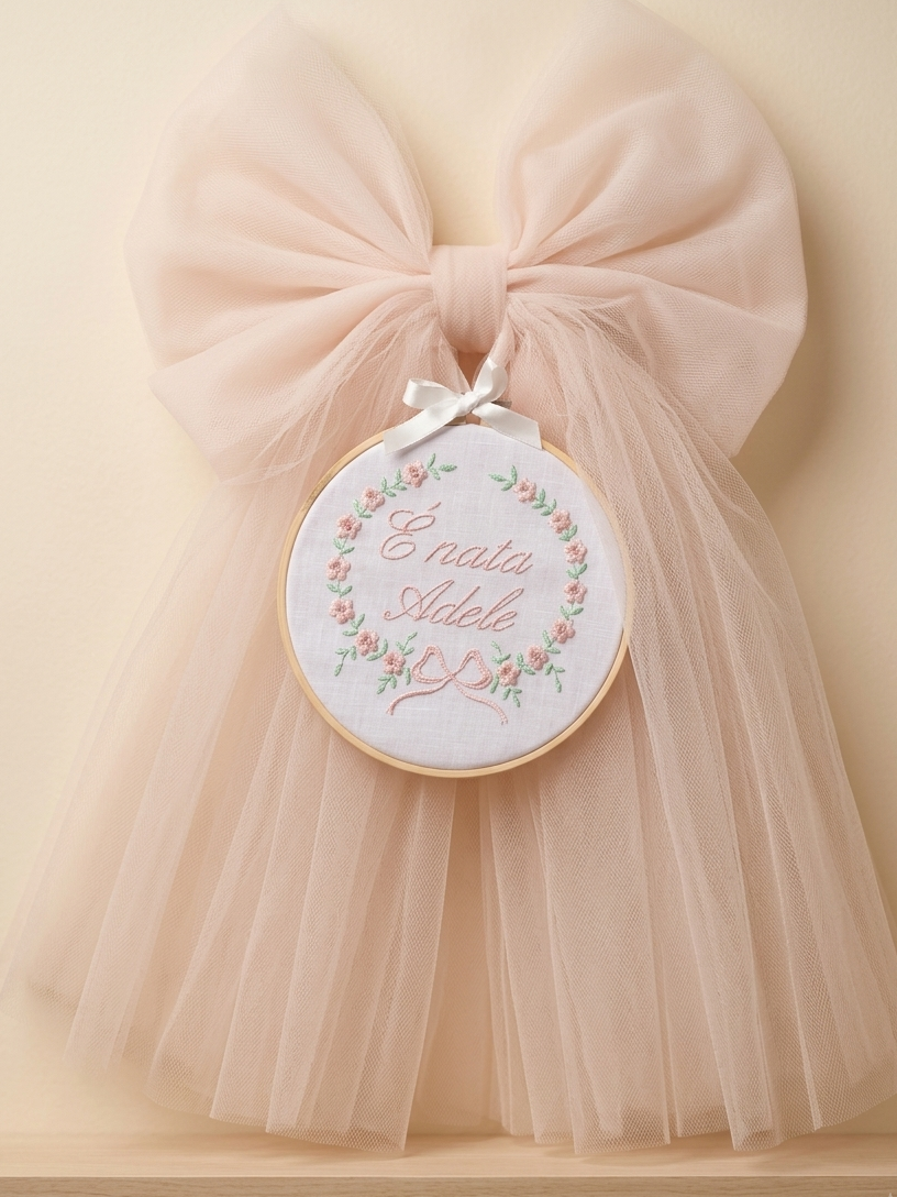 Fiocco nascita in tulle con telaio in legno