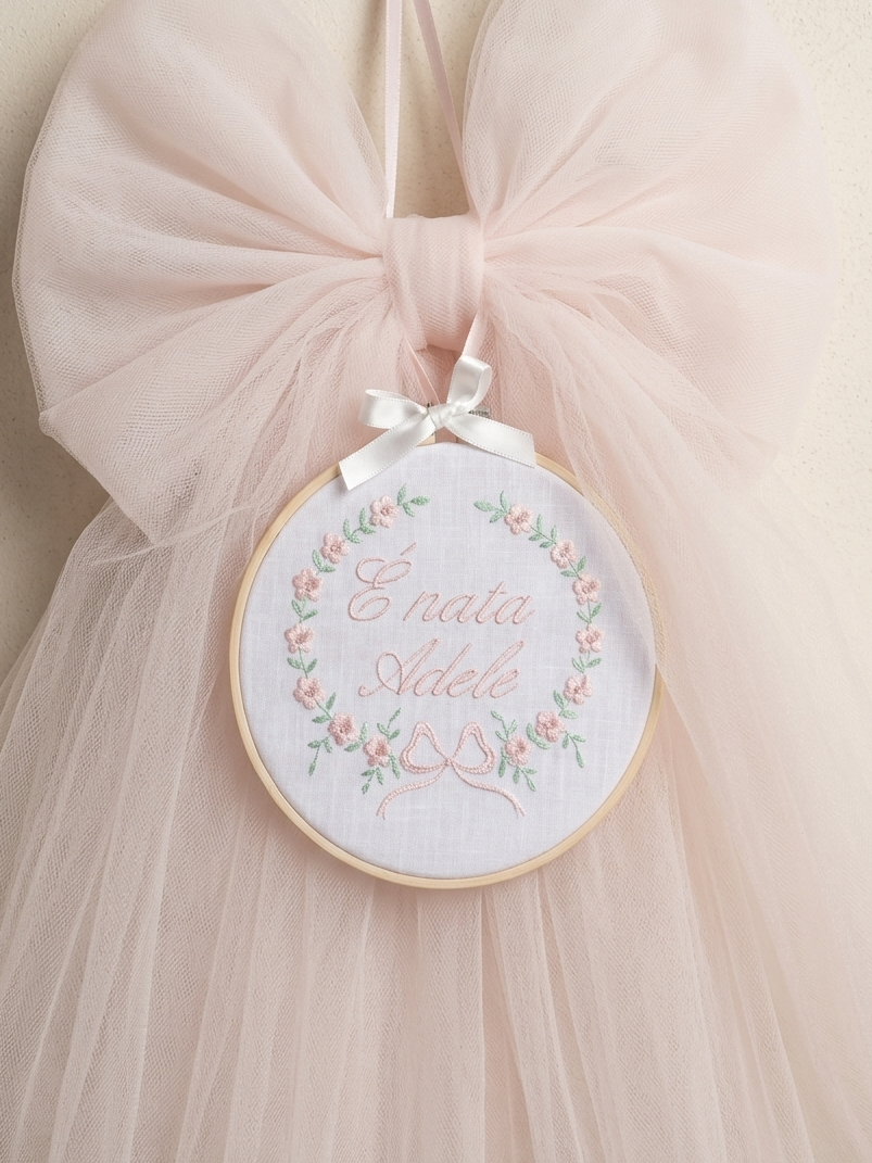 Fiocco nascita in tulle con telaio in legno