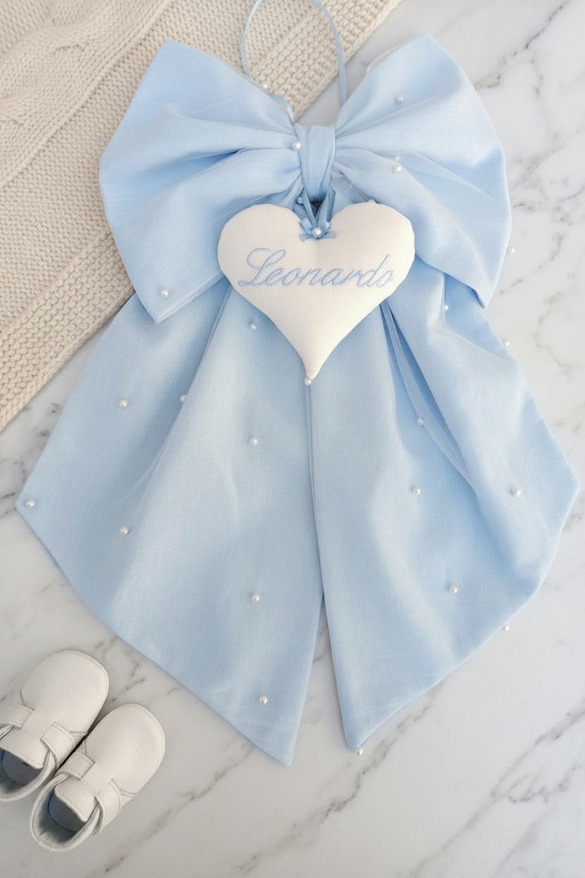 Fiocco Nascita con cuore e tulle con perle Celeste