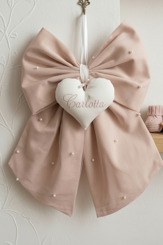 Fiocco Nascita con Cuore e tulle con perle