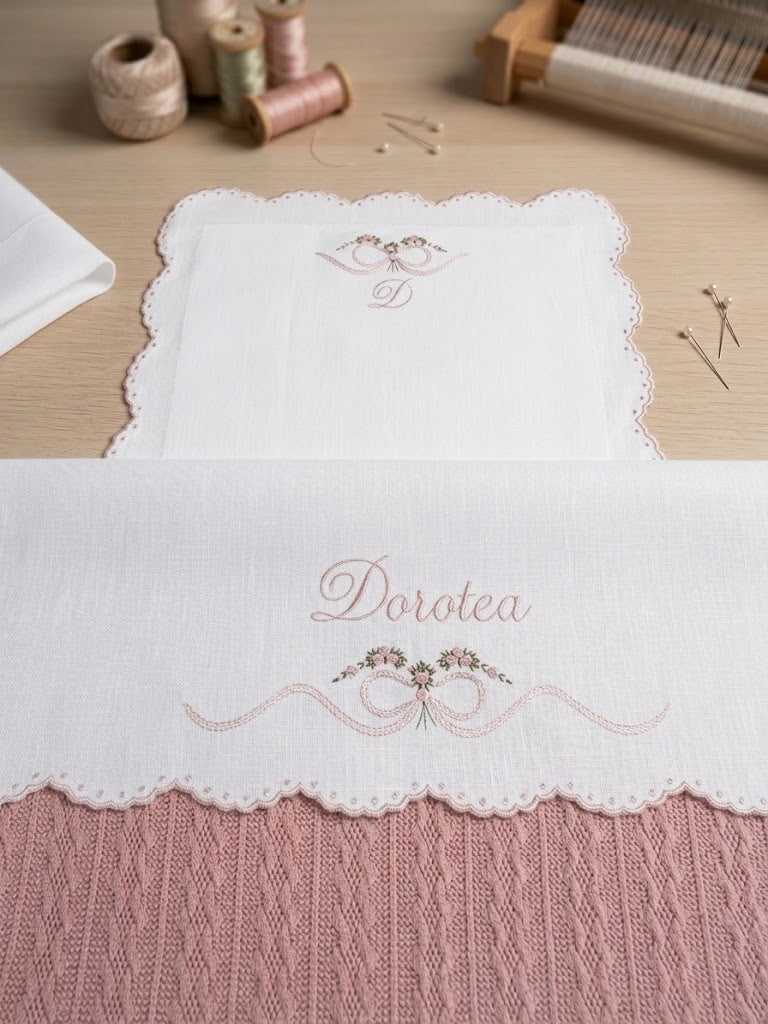 Set lenzuolino con ricamo fiocco e fiori