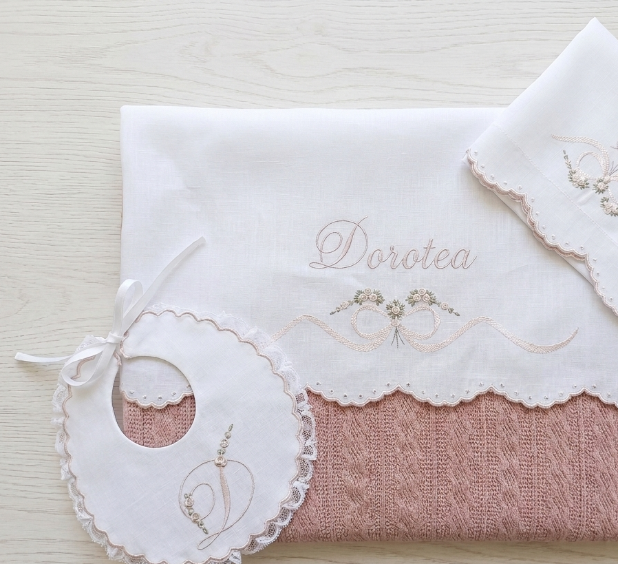 Set lenzuola con ricamo fiocco e fiori in rosa