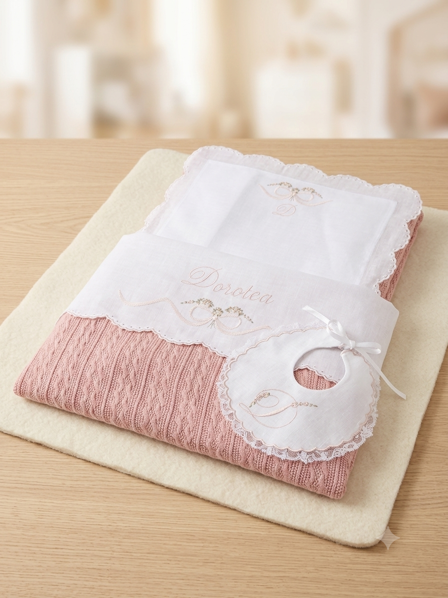 Set lenzuolino con ricamo fiocco e fiori