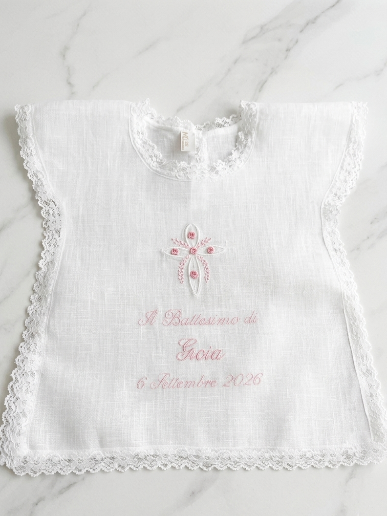 Set Battesimo in Lino con Pizzo e Ricamo Roselline (Modello Gioia)