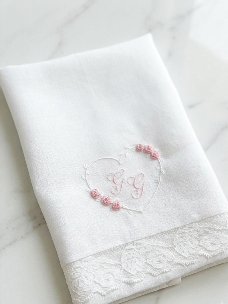 Set Battesimo in Lino con Pizzo e Ricamo Roselline (Modello Gioia)