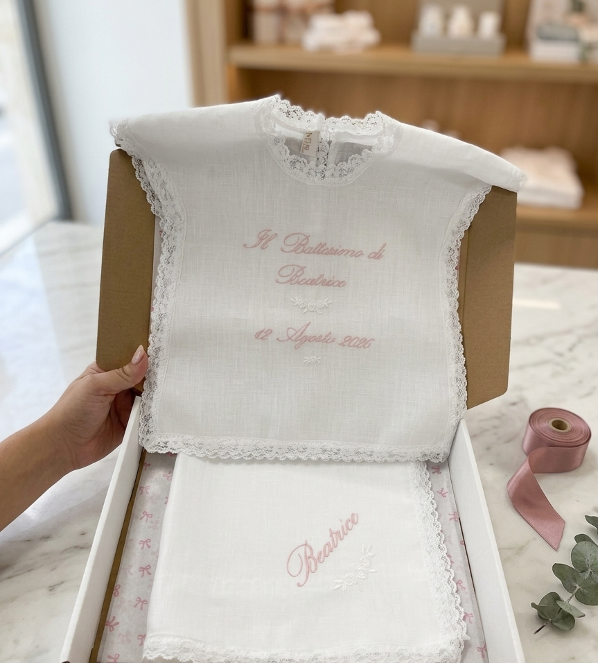 Set battesimo con ricamo e rose