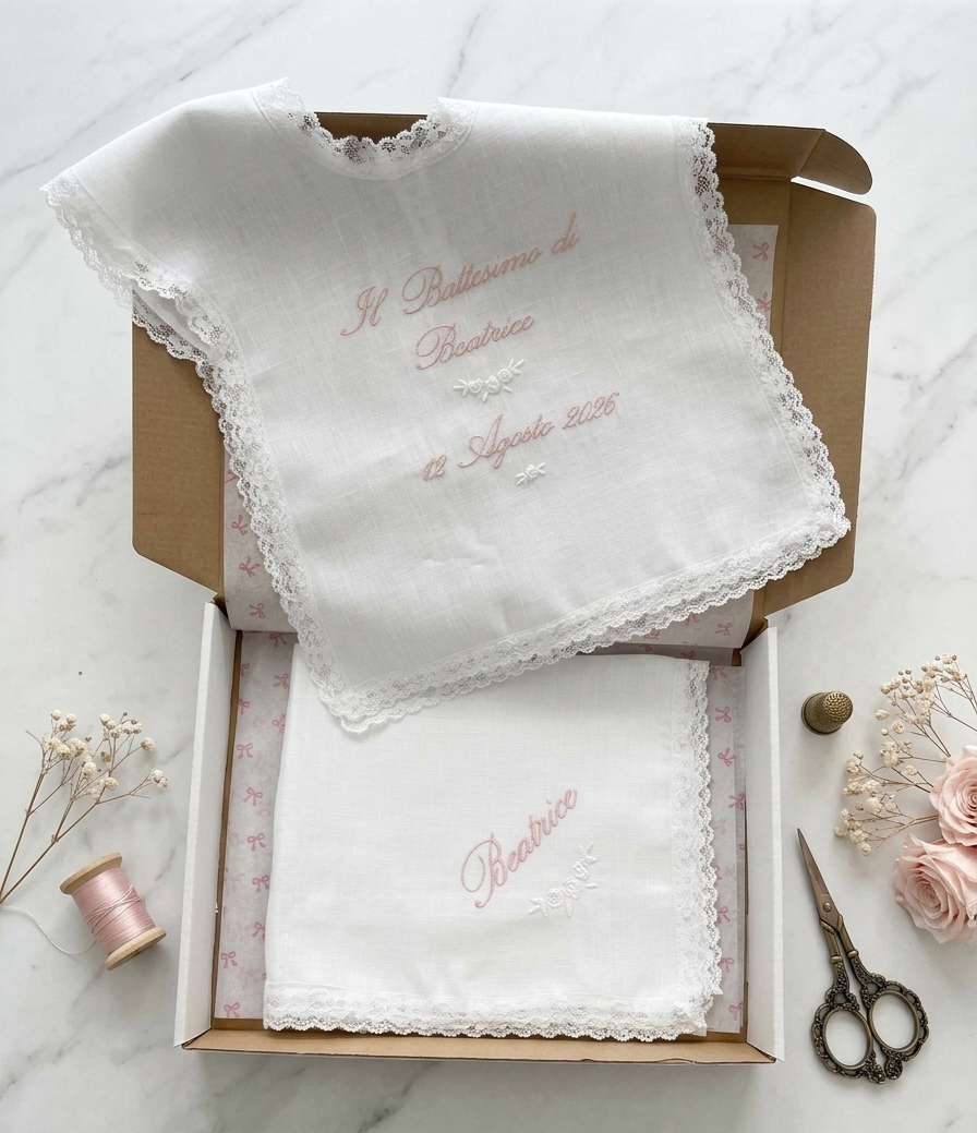 Set battesimo con roselline e scritta in rosa antico