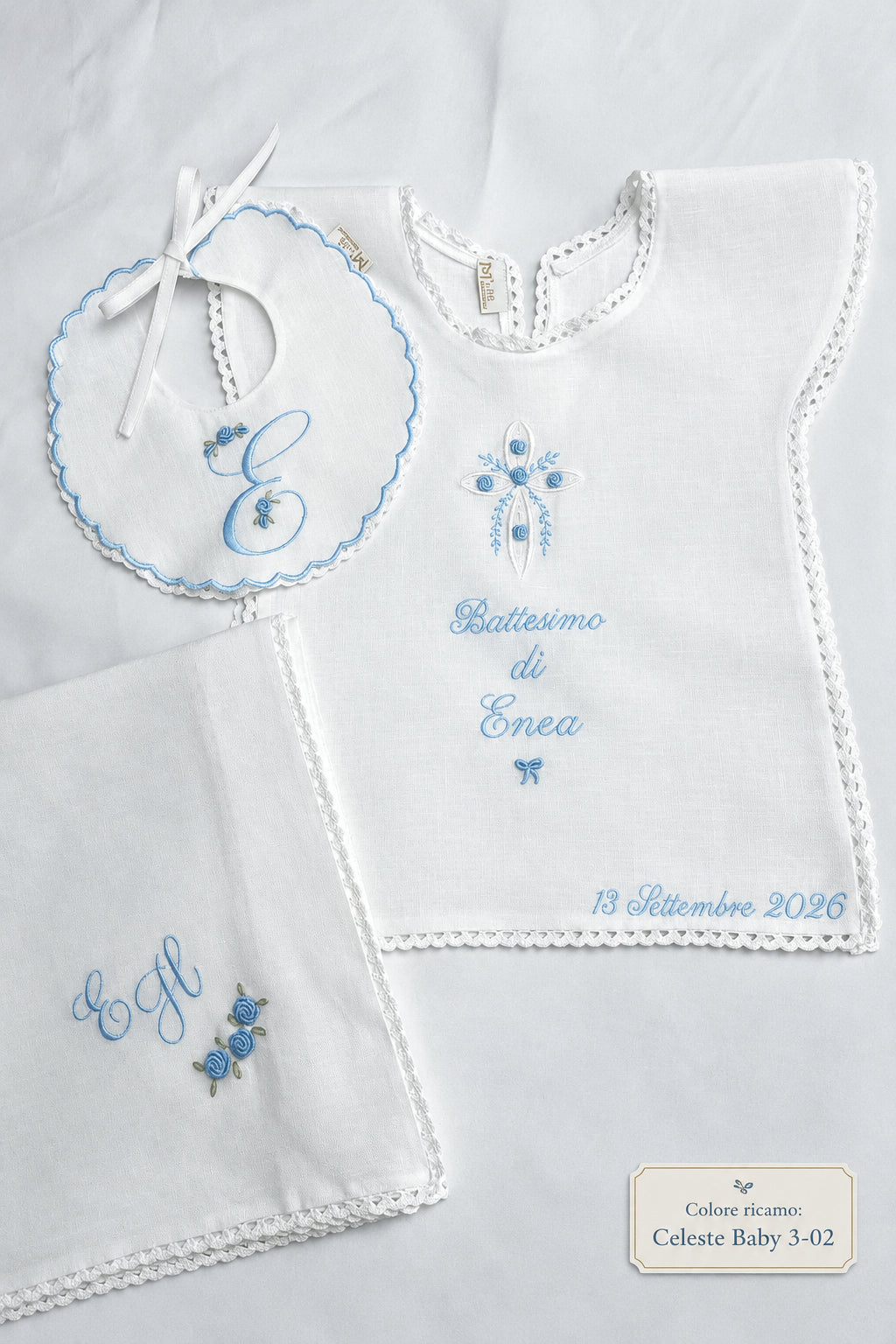 Set battesimo con croce e roselline celeste baby