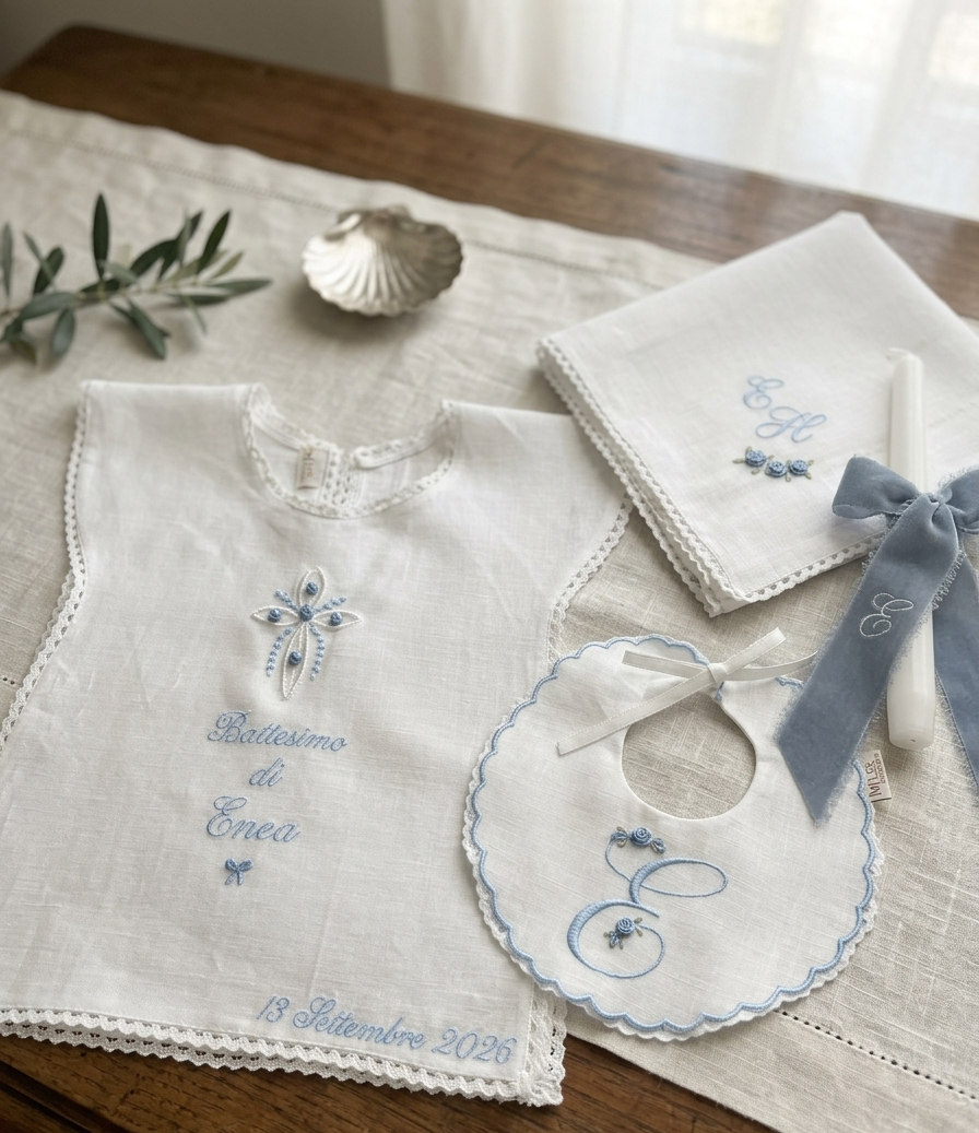 Set battesimo con croce e roselline a mano celeste