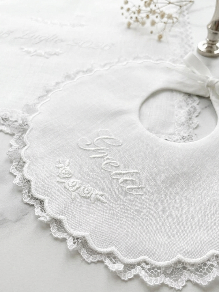 Set battesimo bavetta in lino con ricamo roselline bianche