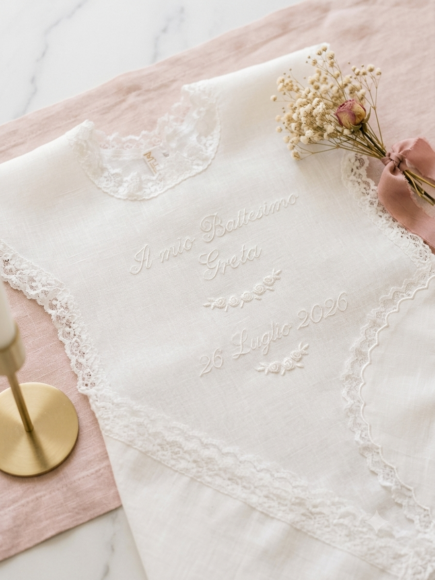 Set Battesimo in lino bianco con ricamo roselline 