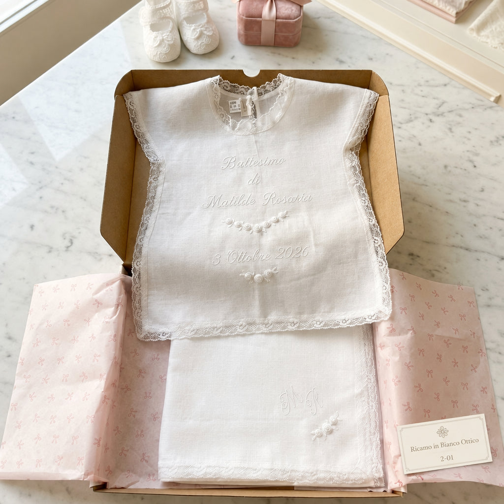Set battesimo con roselline ricamate a mano e ricamo in bianco ottico