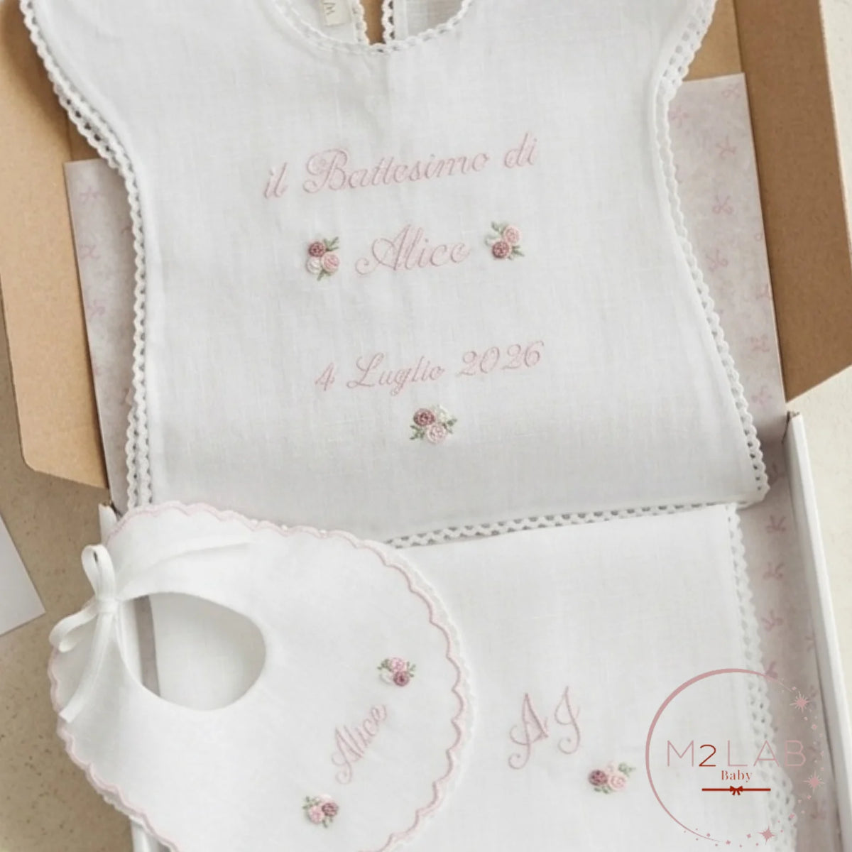 Set battesimo con tris roselline rosa