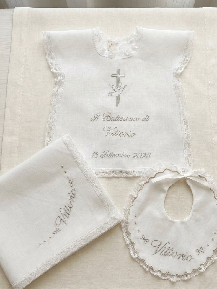 Set camicino da battesimo con croce e colomba